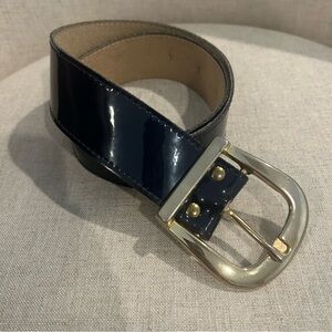 Vintage Navy Blue Patent Leather Belt with Gold Tone Buckle